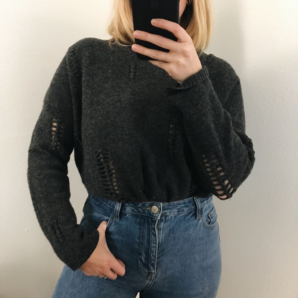 J.Jill Charcoal Sweater with Distressed Detail